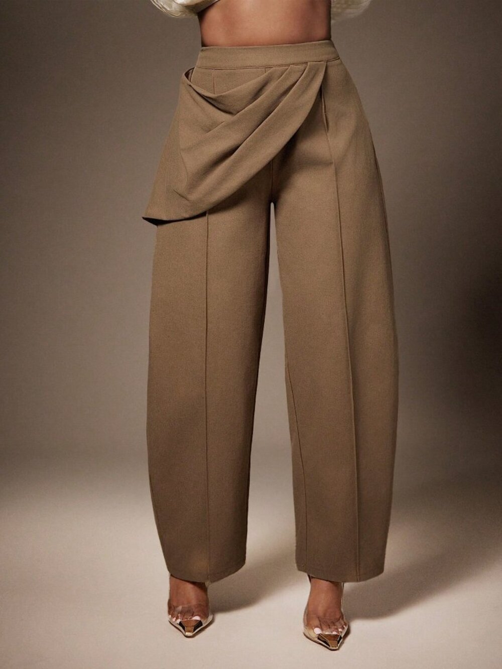 Camel Elegant Women's High Waist Draped Sash Seam Detail Barrel Leg Pants